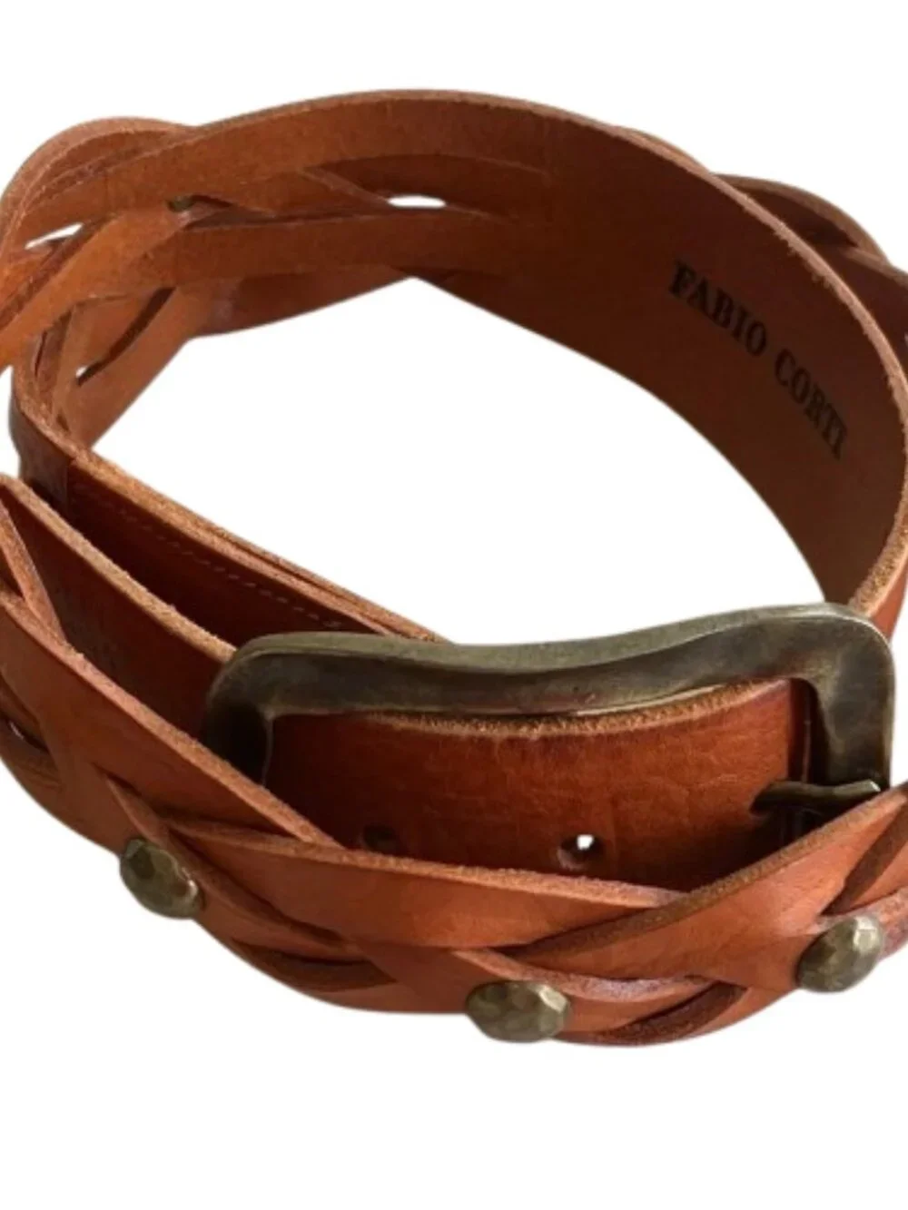 Fabio Corti Studded Braided Studded Leather Belt Cognac Brown Wide Large